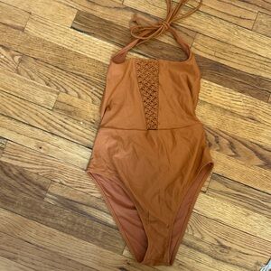 Aerie Orange One-Piece Halter Swimsuit with Crochet Panel